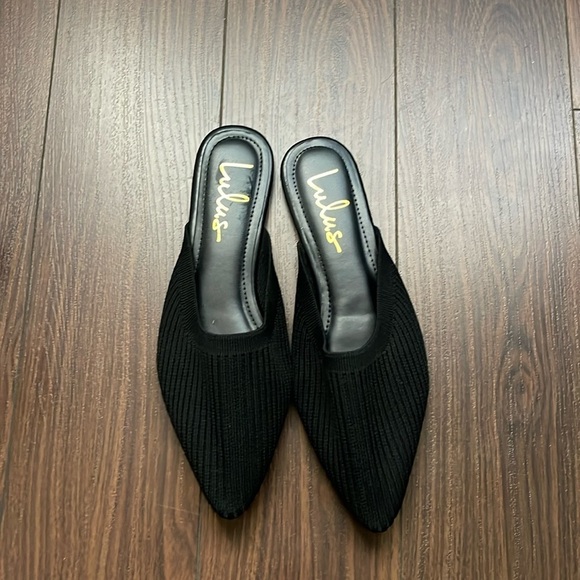 Lulus Shoes - Jeaney Black Ribbed Knit Pointed-Toe Mule Slides